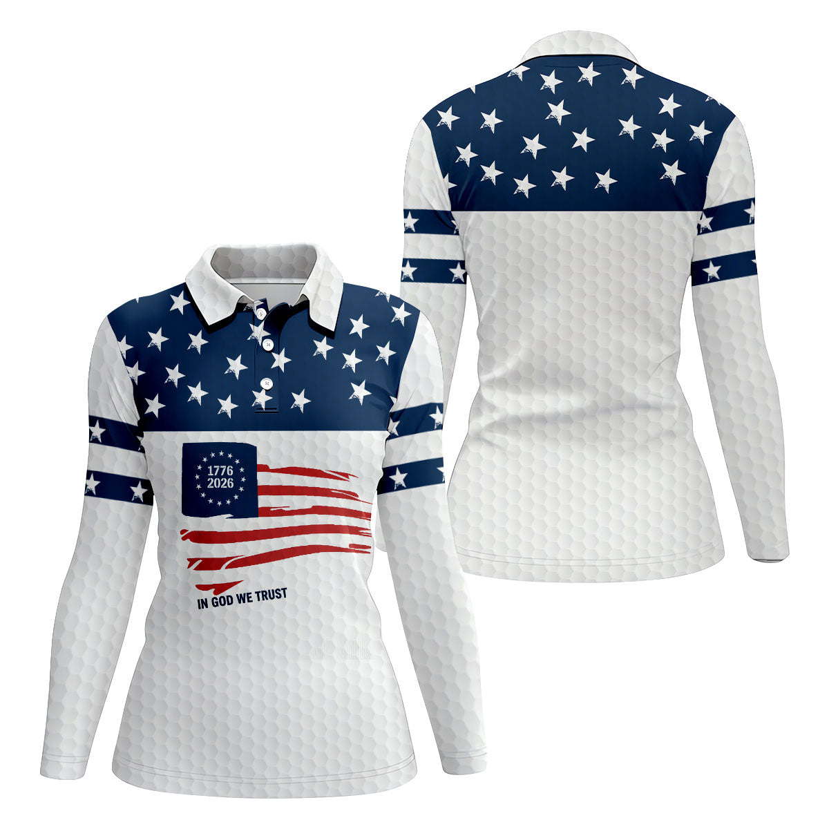 In God We Trust Golf Ball Pattern US Flag Golf Shirt, 250 Years 4th Of July Golf Shirt For Women