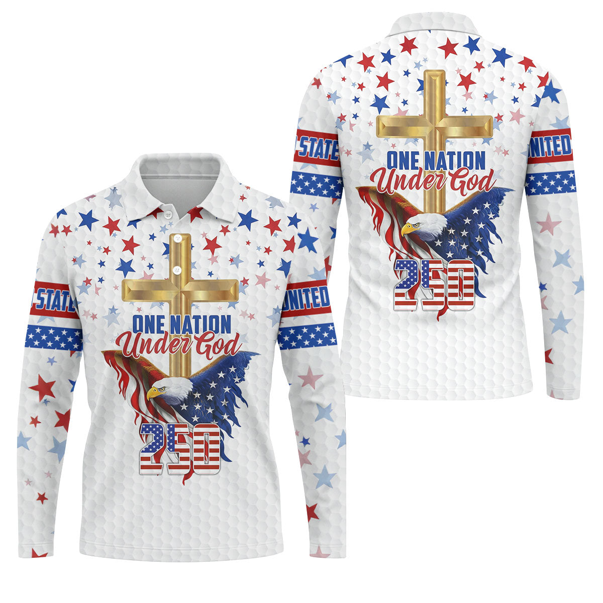 One Nation Under God Faith Cross Bald Eagle 4th Of July Golf Shirt, 250 Years Golf Shirts For Men