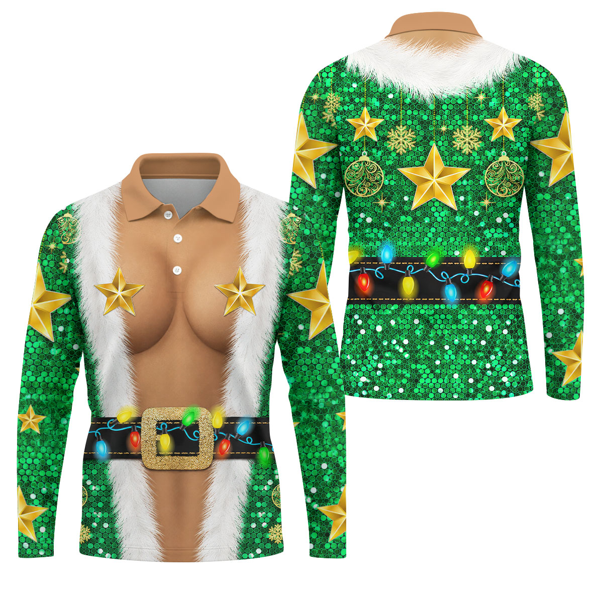 Green Santa Gold Stars Christmas Golf Polo Shirt, Mens Golf Shirts, Mens Polo Shirts