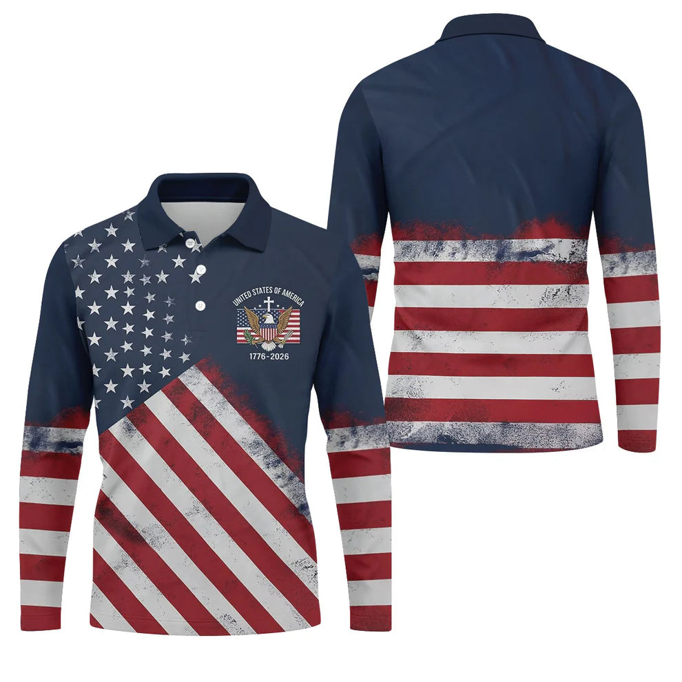 US Bald Eagle Distressed Flag 250 Faith Cross Golf Tops For Men, Patriotic 4th Of July Golf Shirts For Men