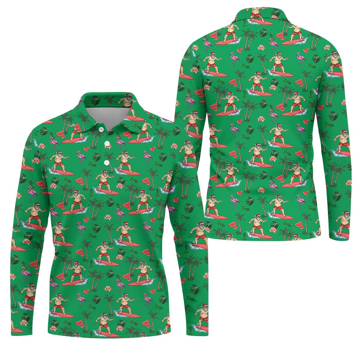 Surfing Santa Tropical Beach Golf Polo Shirt, Christmas Golf Shirt, Printed Golf Shirts, Golf Apparel For Men