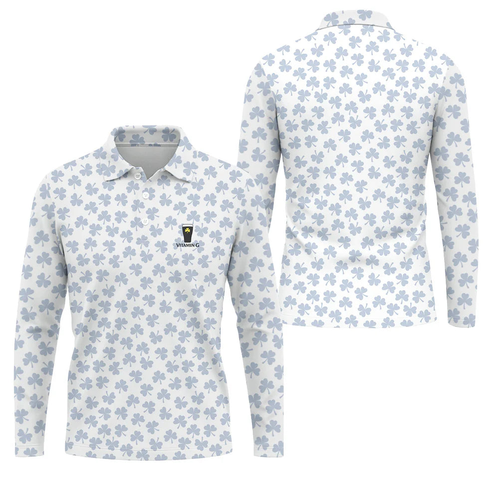 Vitamin G Shamrock Pattern Golf And Beer White Golf Shirt, St Patrick's Day Golf Shirt, Polo Shirts For Men