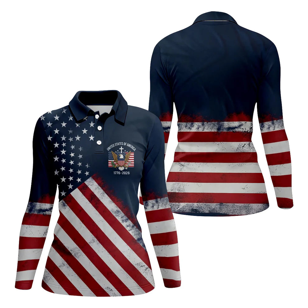 US Bald Eagle Distressed Flag 250 Faith Cross Ladies Golf Tops, Patriotic 4th Of July Golf Shirt For Women