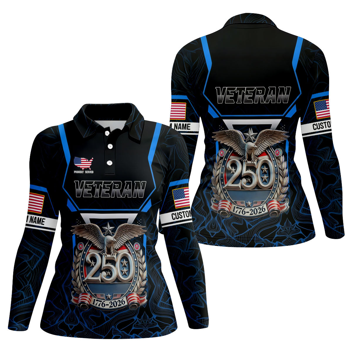 Personalized Veteran America 250 Polo Shirt Blue Accent, Golf Polo For Women, Ladies Golf Tops