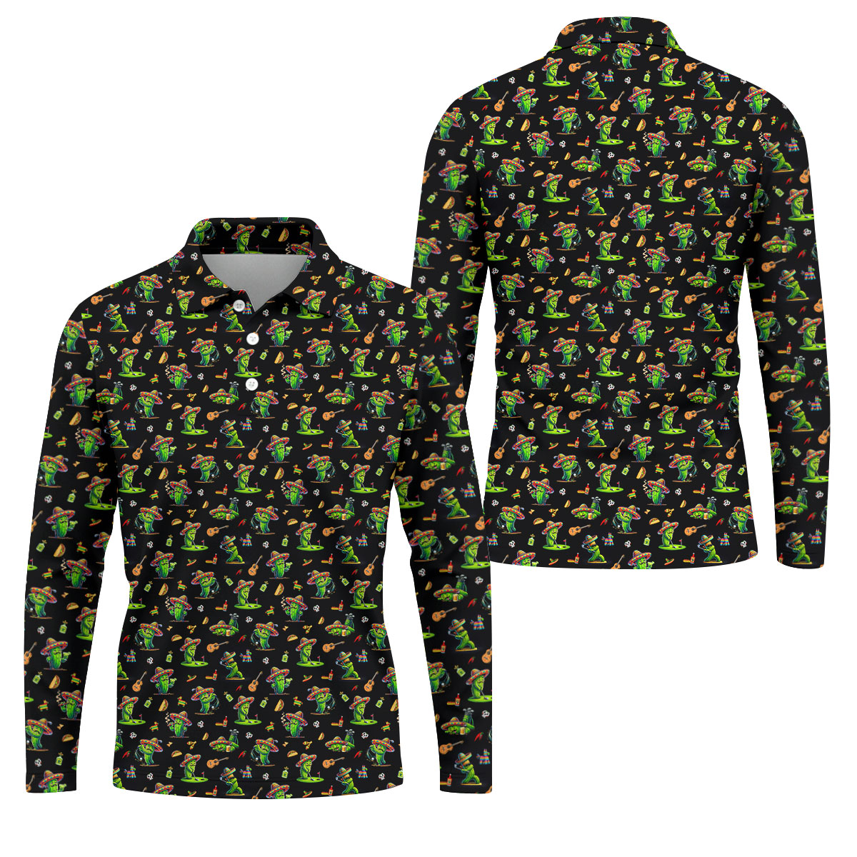 Cartoon Mustach Funny Cactus Cinco De Mayo Celebration Fiesta Themed Black Golf Shirts For Men