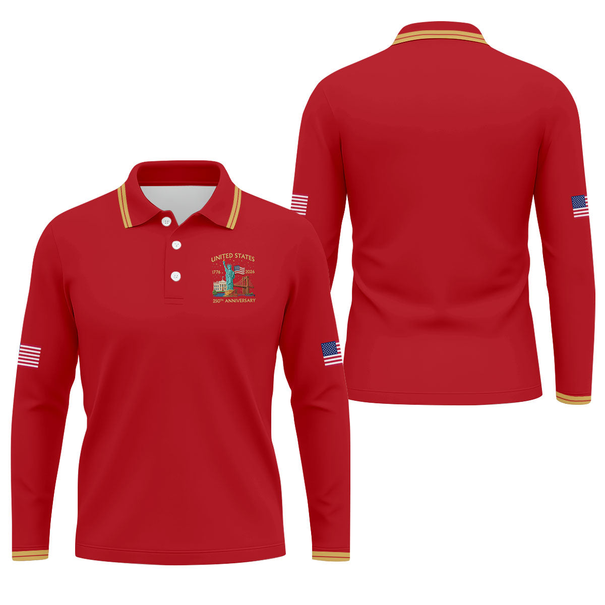 American Symbols Red Patriotic Golf Shirt, US 250 Years 4th Of July Golf Shirts For Men