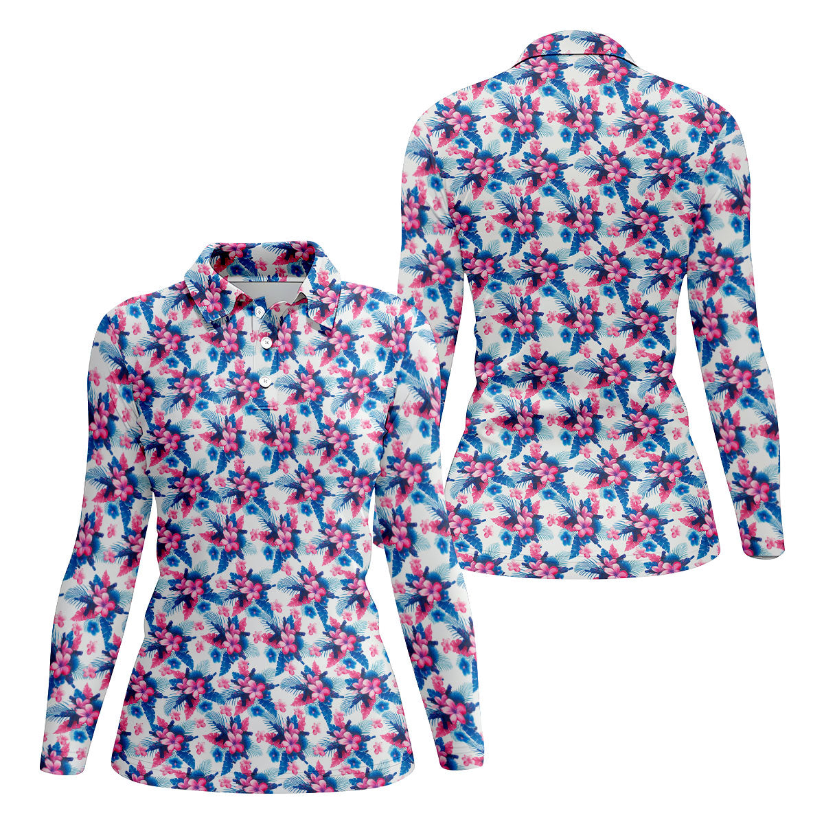 Pink Blue Tropical Floral Hawaiian Golf Shirt, Vibrant Color Golf Shirt For Women