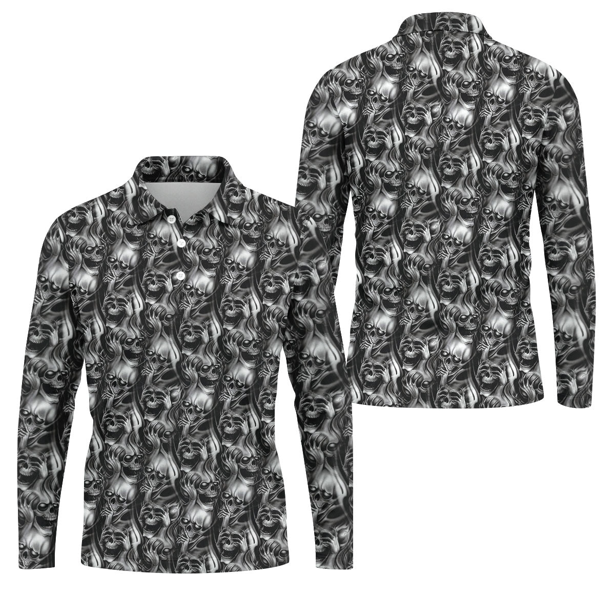 Dark Grim Reaper Skull Pattern Golf Polo Shirt, Mens Golf Polo, Golf Apparel For Men