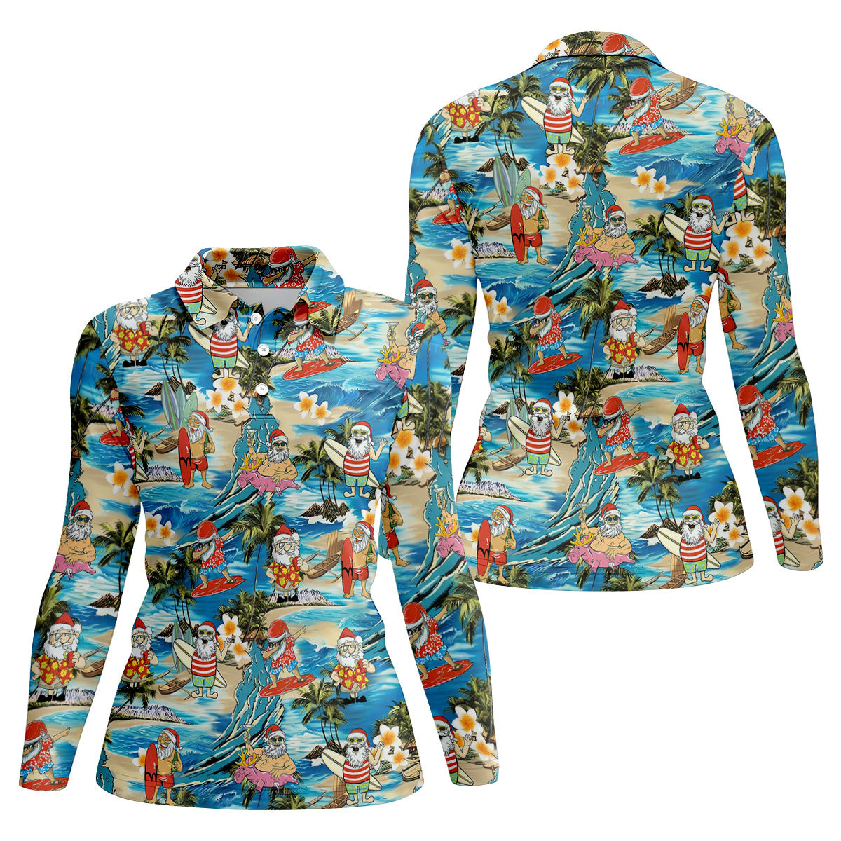 Women's Tropical Santa Surf Vacation Golf Shirt, Christmas Golf Shirt, Women’s Golf Apparel