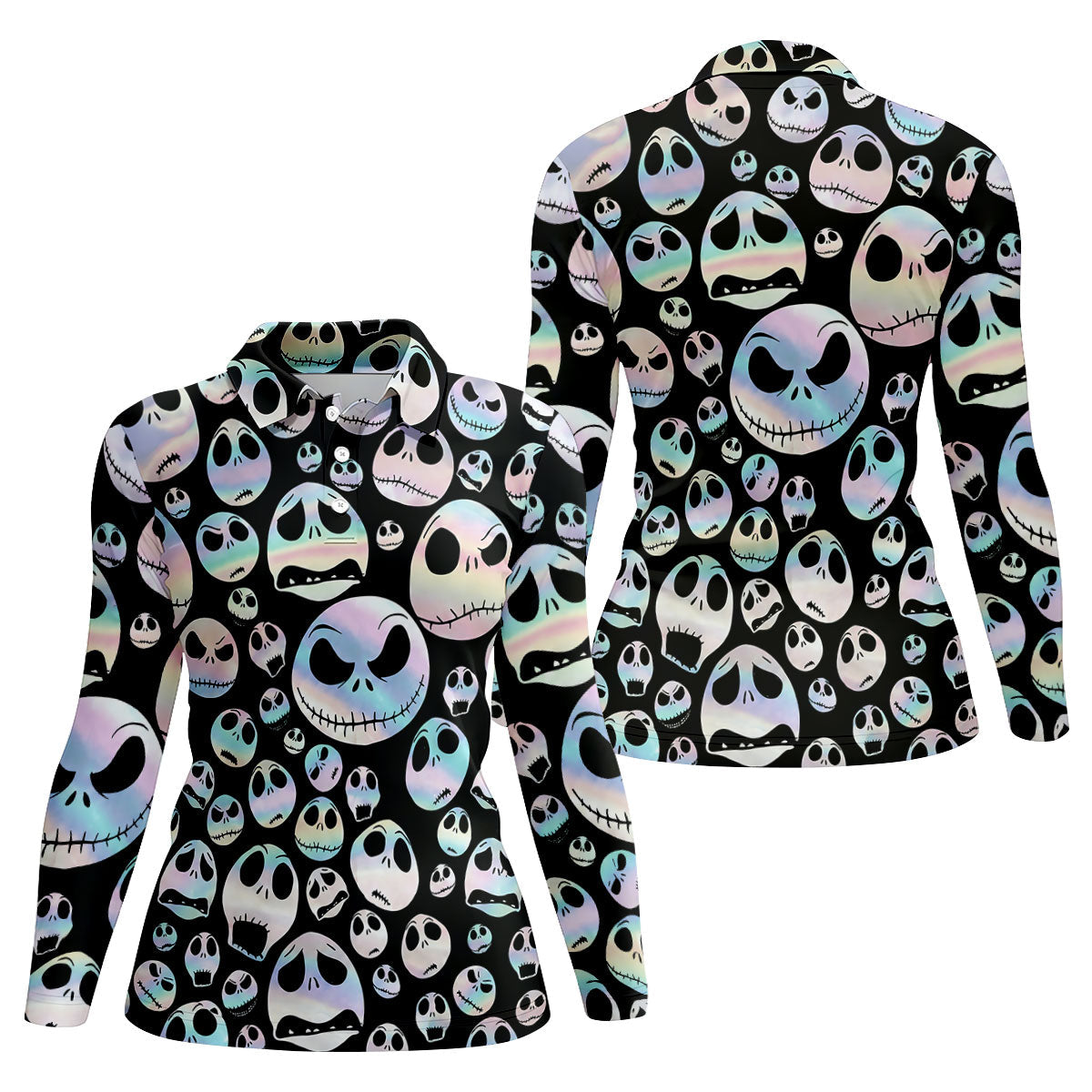 Black Horror Character Skull Face Pattern Golf Polo Shirt, Ladies Golf Shirts, Womens Golf Tops
