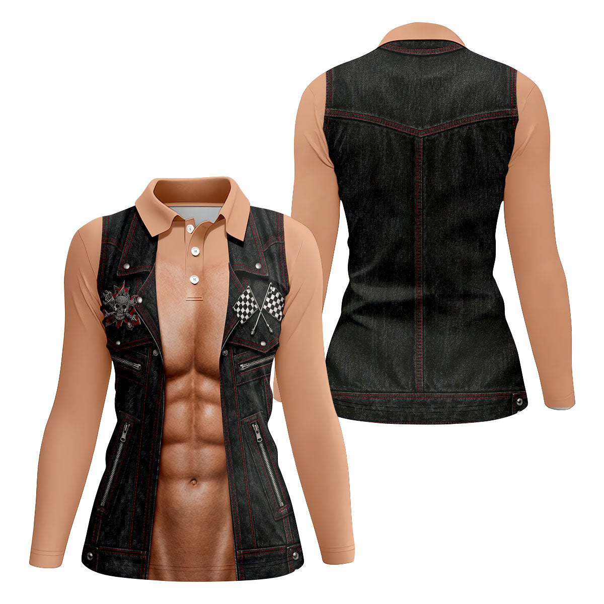 Black Red Racing Leather Vest Golf Polo Shirt, Ladies Golf Shirts, Women's Golf Apparel