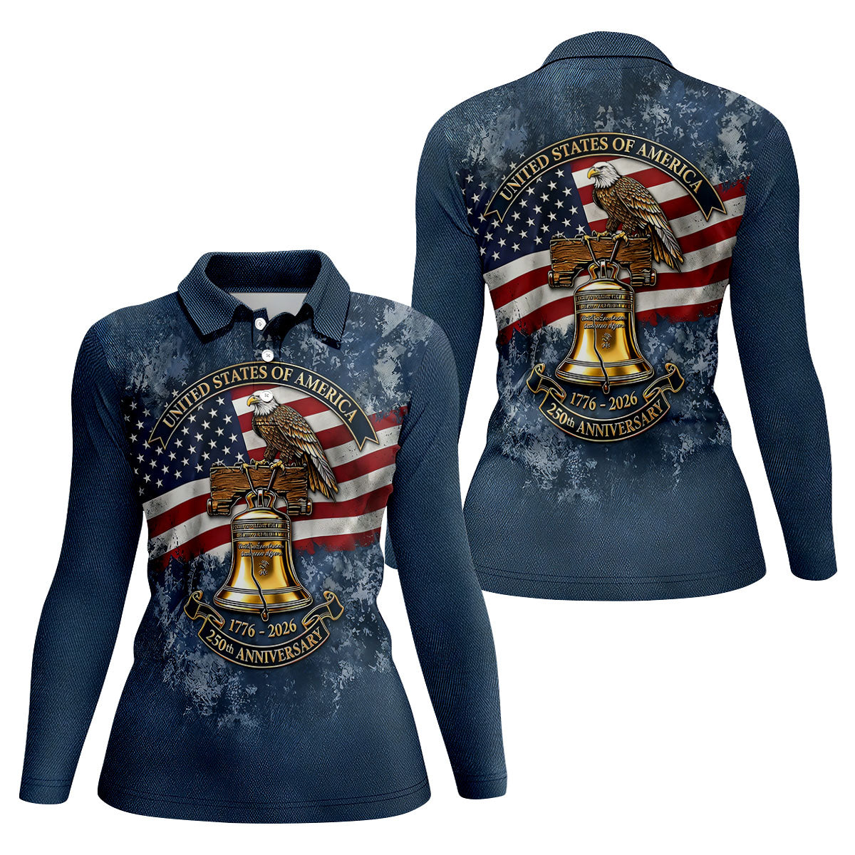 Patriotic Bald Eagle Liberty Bell Distressed Golf Shirt, 250 Years 4th Of July Golf Shirt For Women