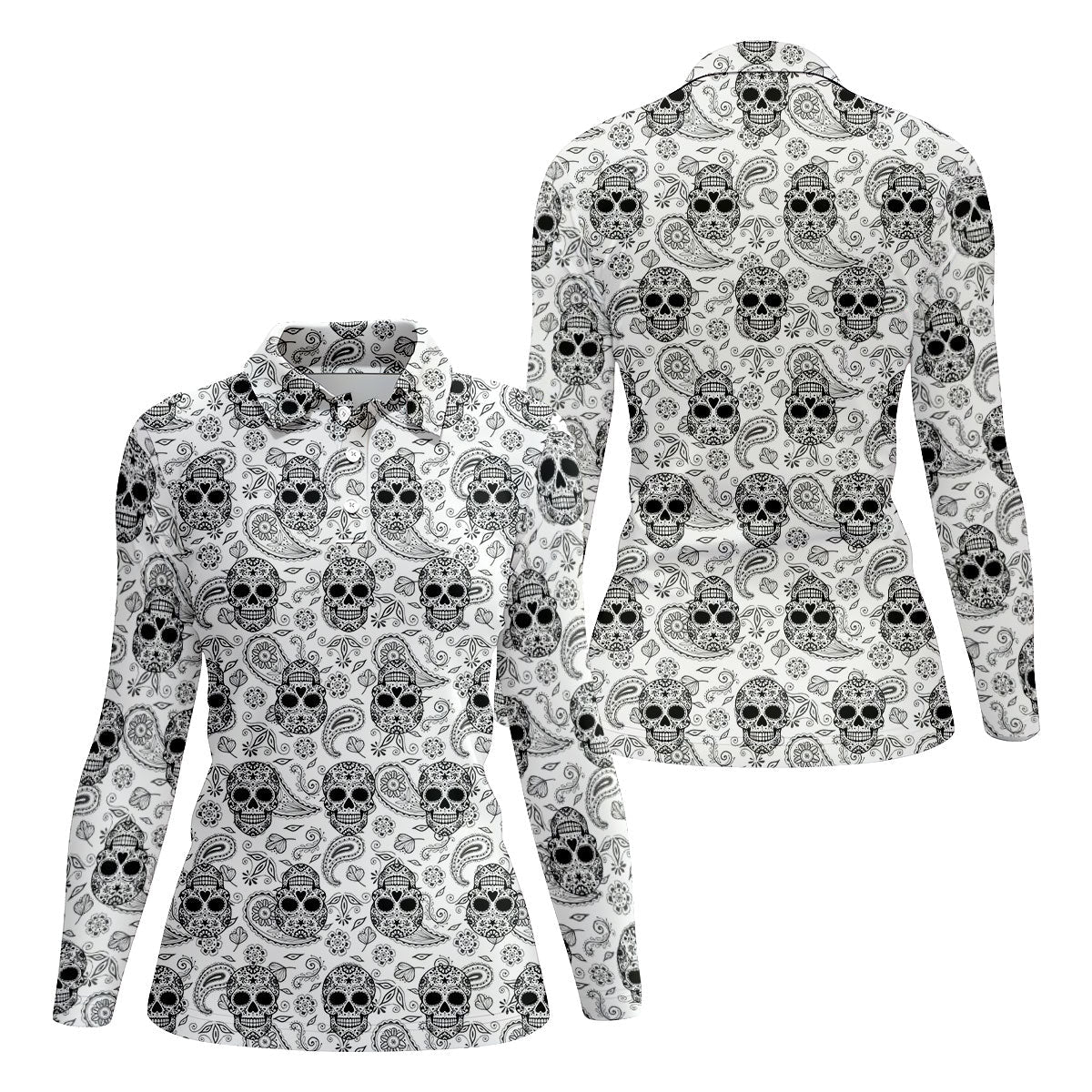 Sugar Skull Paisley Pattern Golf Polo Shirt, Ladies Golf Shirts, Women's Golf Apparel