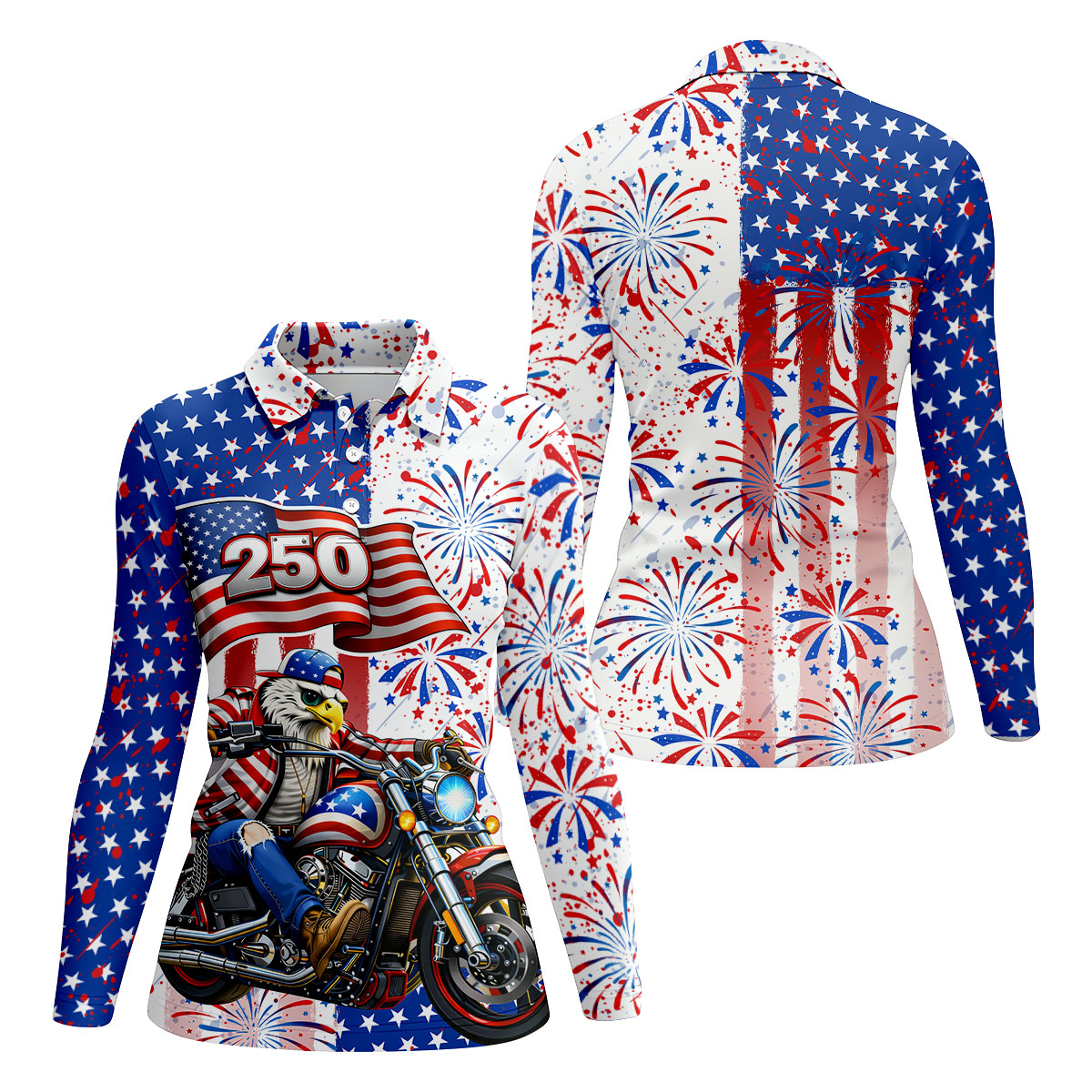 250 Years Eagle Motorcycle American Flag Golf Shirt, Patriotic 4th Of July Golf Shirt For Women