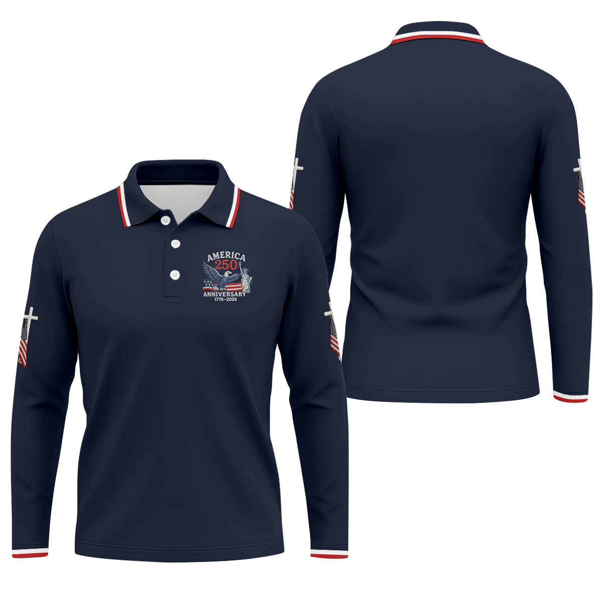 Faith Cross Bald Eagle America 250 Anniversary Navy Patriotic Golf Shirt, Golf Shirts For Men