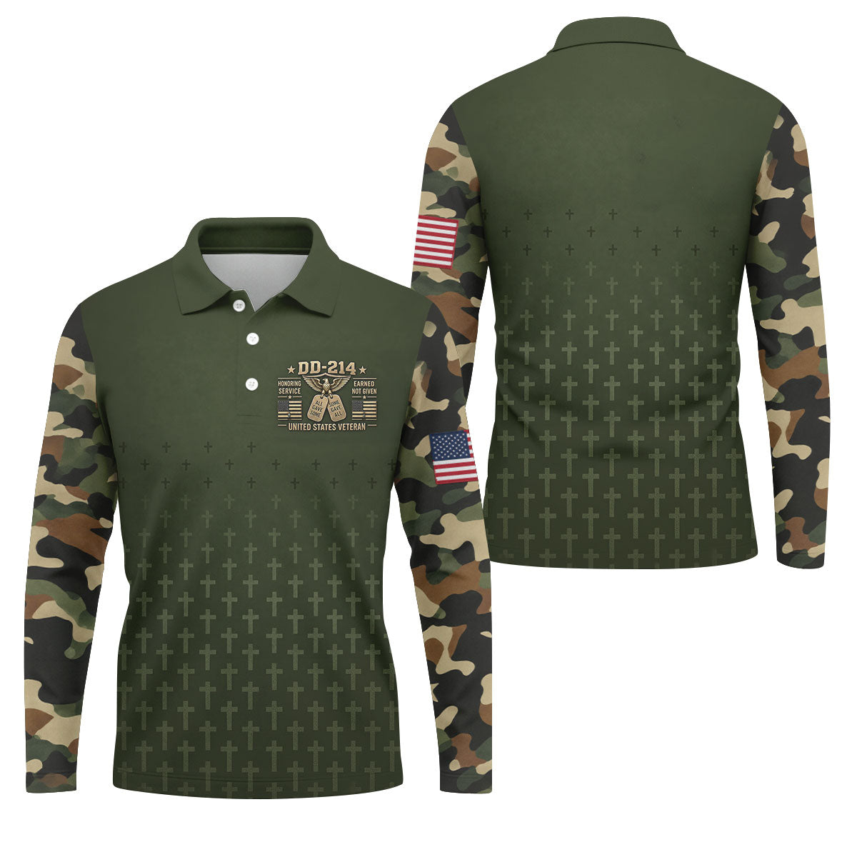 DD-214 Olive Green Cross Camo Polo Shirt, Veterans Day Shirt, Golf Shirts For Men