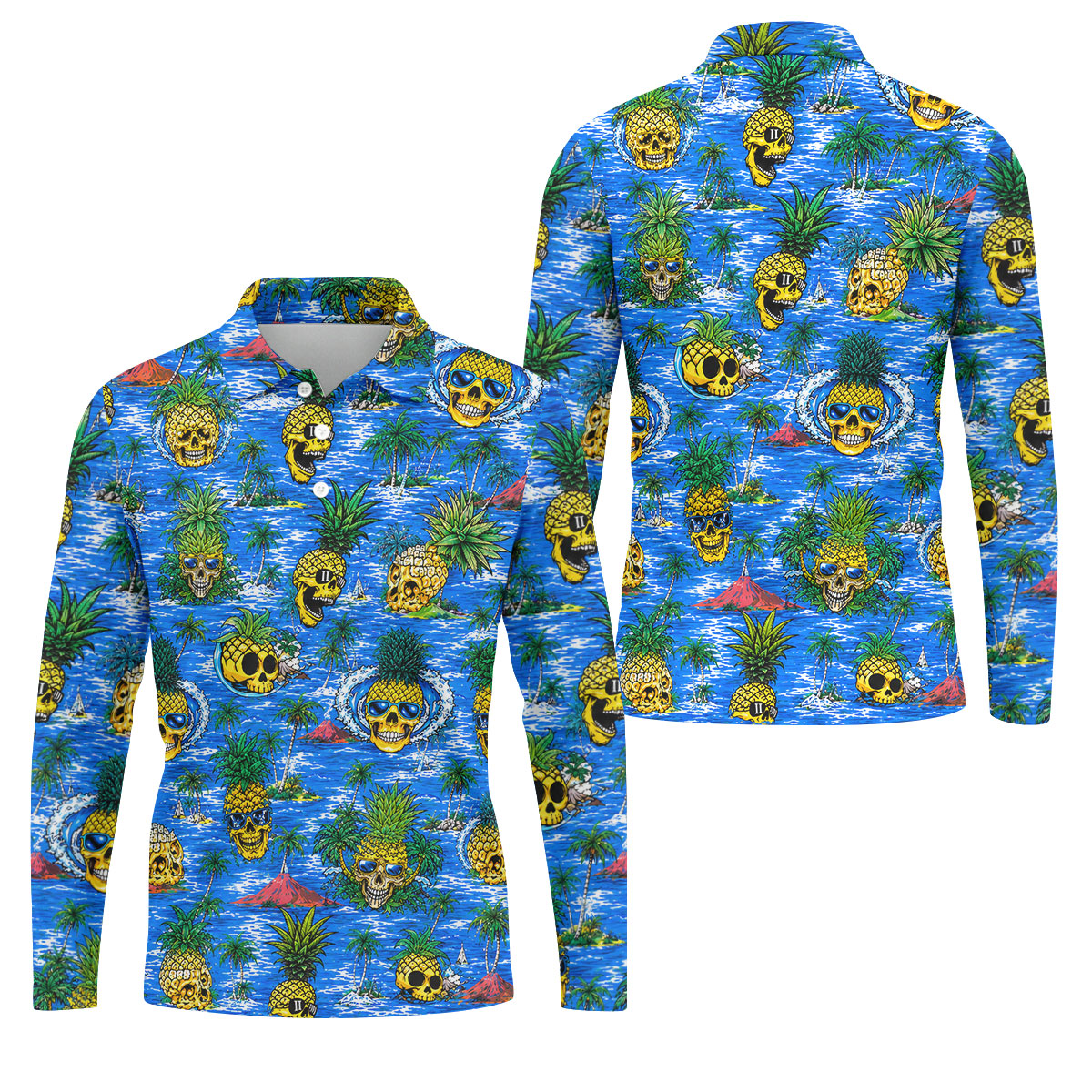 Pineapple Skull Golf Shirt, Tropical Island Volcano Pattern, Golf Shirt For Men