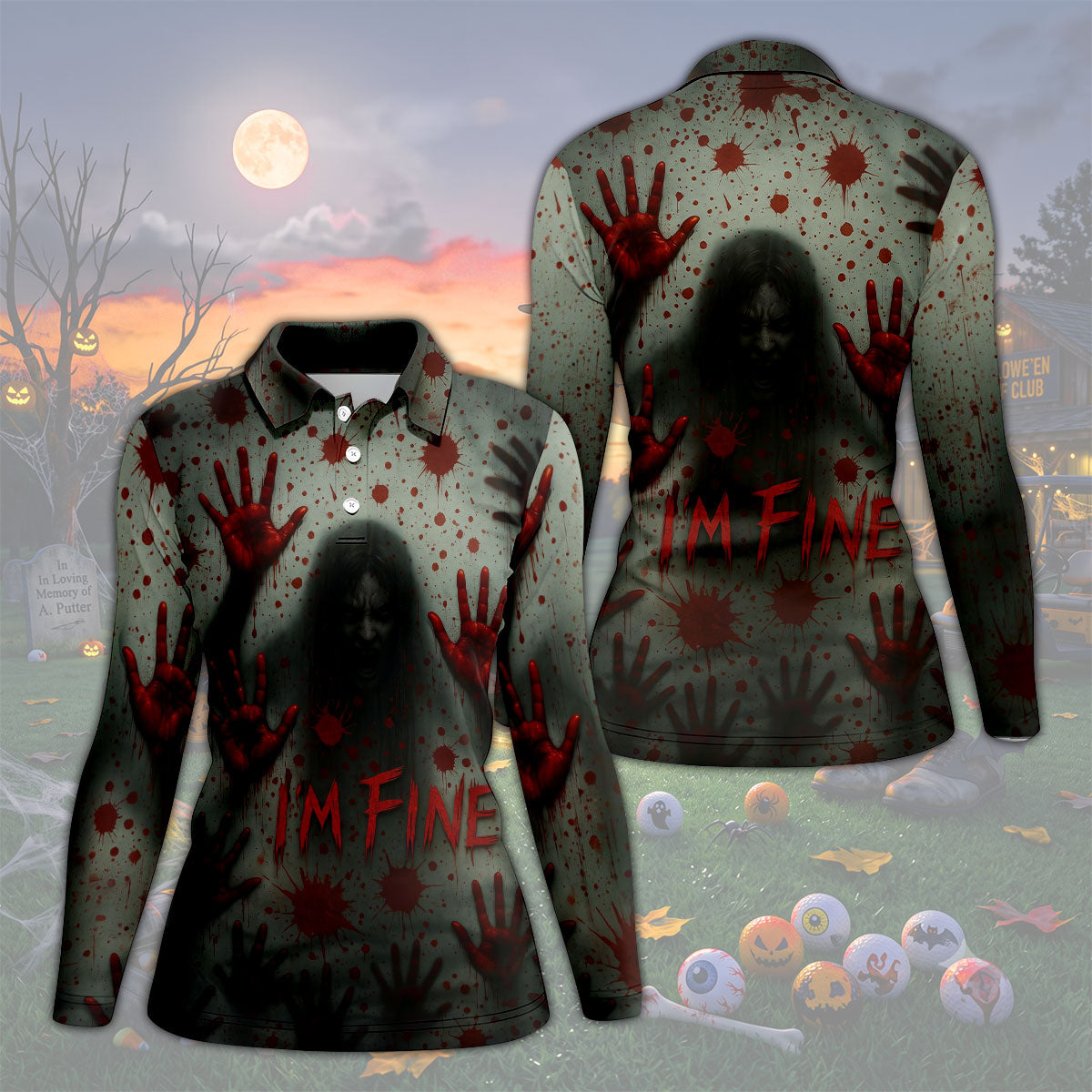 I'm Fine Horror Blood Hand Ghost Halloween Golf Polo Shirt For Women, Ladies Golf Tops
