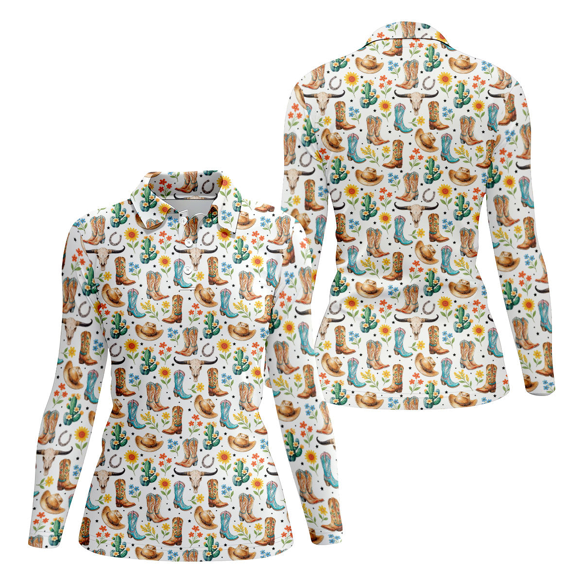 Western Cowboy Boots Floral Pattern Golf Shirt, Women’s Golf Apparel, Golf Shirts For Women