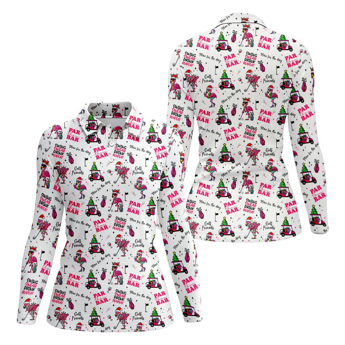 Christmas Flamingo Par Then Bar Women's Golf Shirts, Christmas Golf Shirt, Ladies Golf Shirts, Women's Golf Gifts