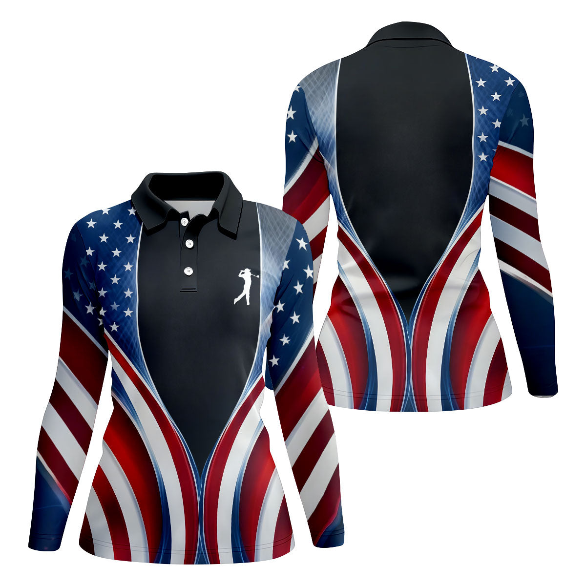 Red White Blue Wavy Stripes Patriotic Golf Shirt, 250 Years 4th Of July Golf Shirt For Women