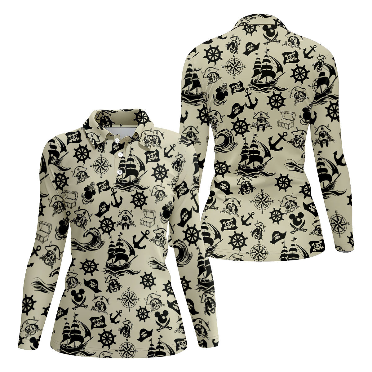Vintage Pirate Nautical Pattern Golf Polo Shirt, Golf Shirts For Women, Women’s Golf Polo