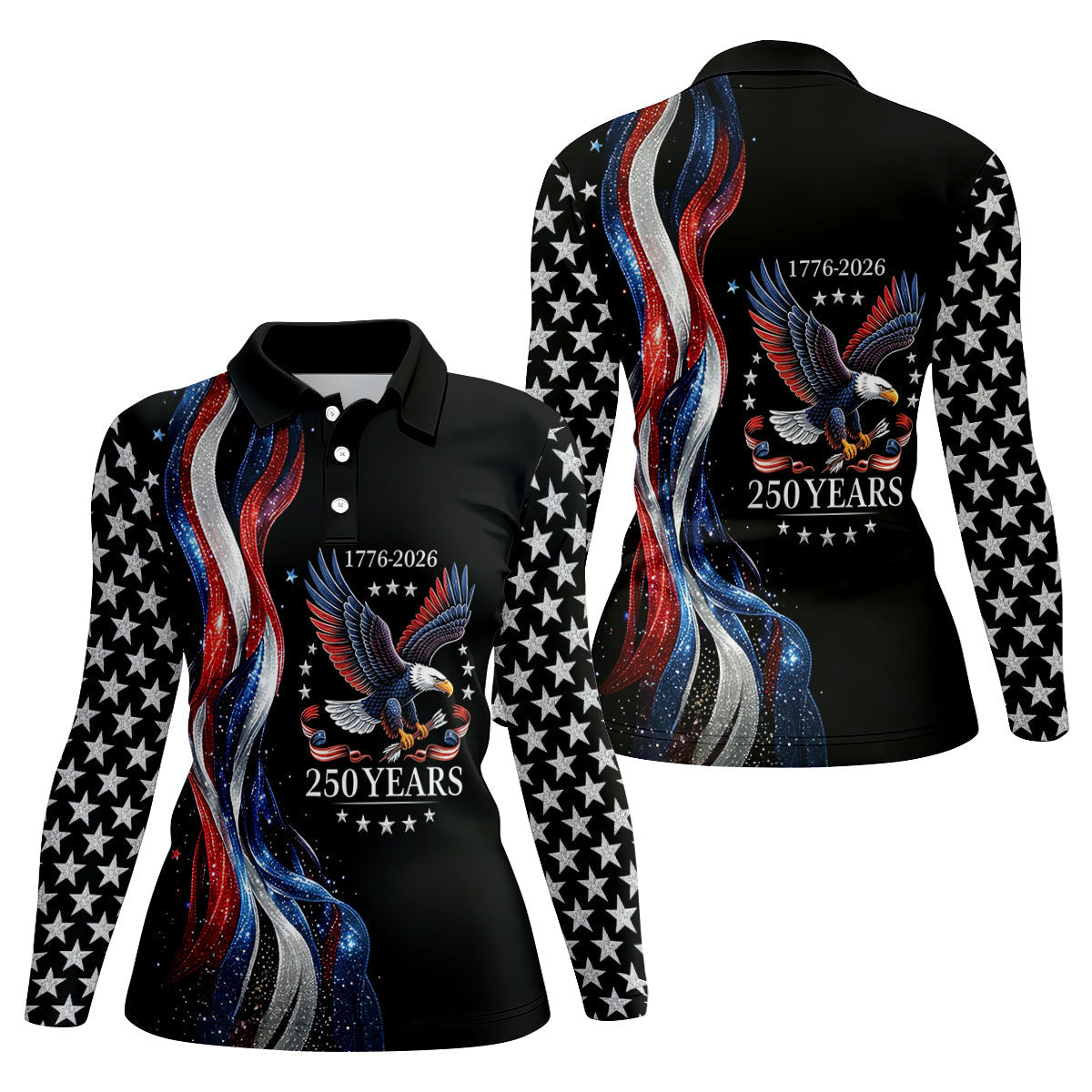 Bald Eagle Red White Blue Wavy Stripes Patriotic Golf Shirt, 250 Years 4th Of July Golf Shirt For Women