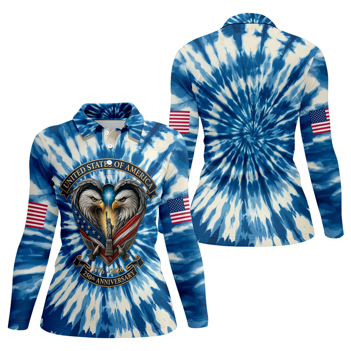 USA 250th Anniversary Tie Dye Print Bald Eagle Golf Shirt, Patriotic 4th Of July Golf Shirt For Women