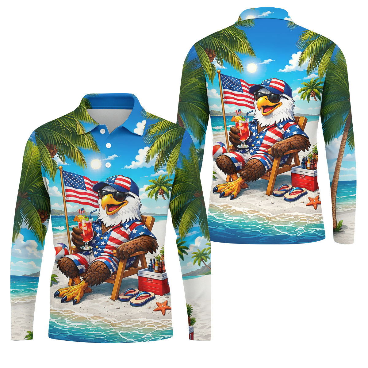 Funny Bald Eagle US Flag Pattern Hawaiian Golf Shirt, 250 Years Patriotic 4th Of July Golf Shirts For Men