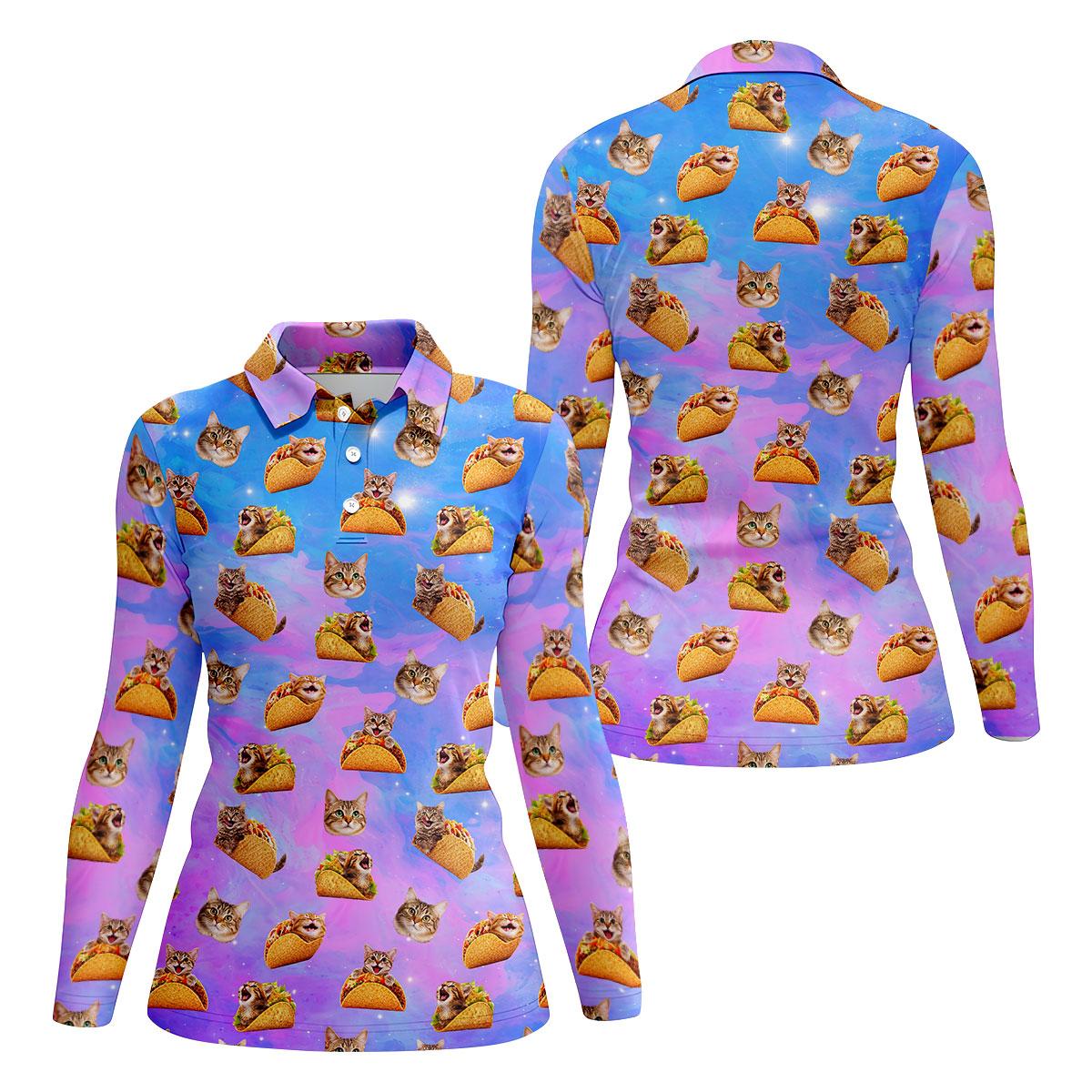 Funny Taco Cat Galaxy Pattern Golf Shirt, Women’s Golf Apparel, Ladies Golf Shirt