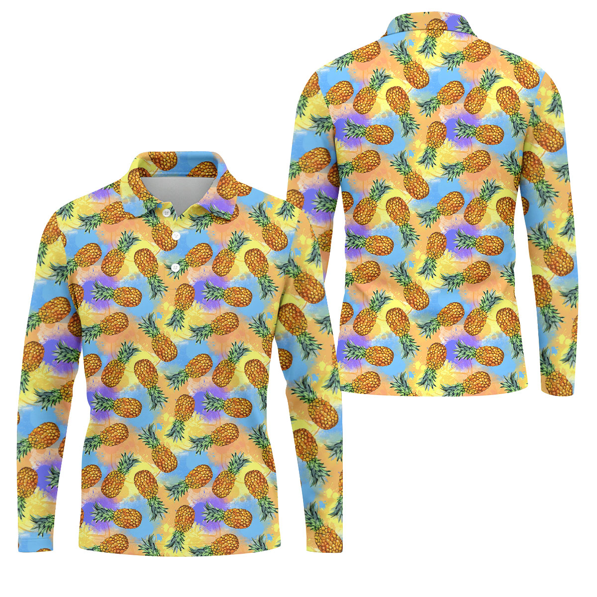 Watercolor Pineapple Tropical Pattern Design Hawaiian Golf Shirt, Golf Shirts For Men, Polo Shirts For Men