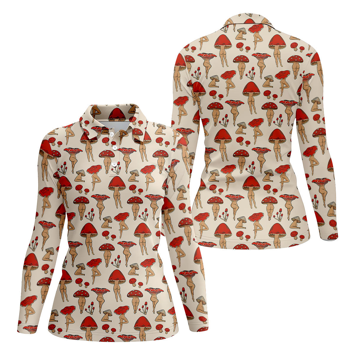 Vintage Mushroom Pin Up Pattern Hawaiian Golf Shirt, Ladies Golf Shirt, Women’s Golf Apparel