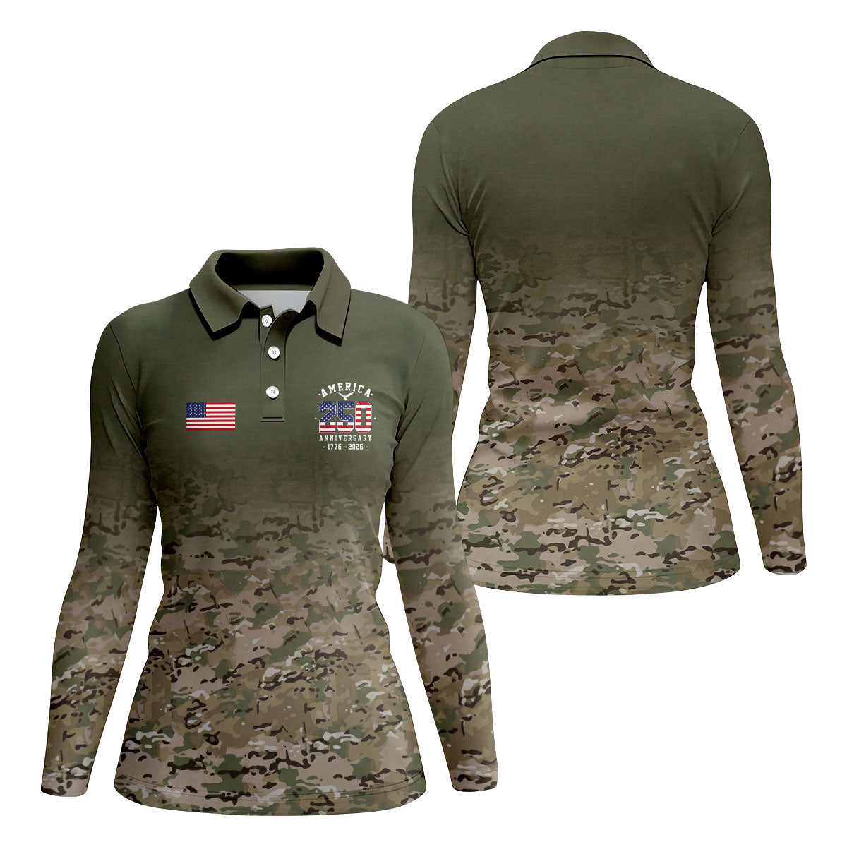 Custom America 250 Military Camo Golf Polo Shirt, Ladies Golf Shirts, Women's Golf Polo