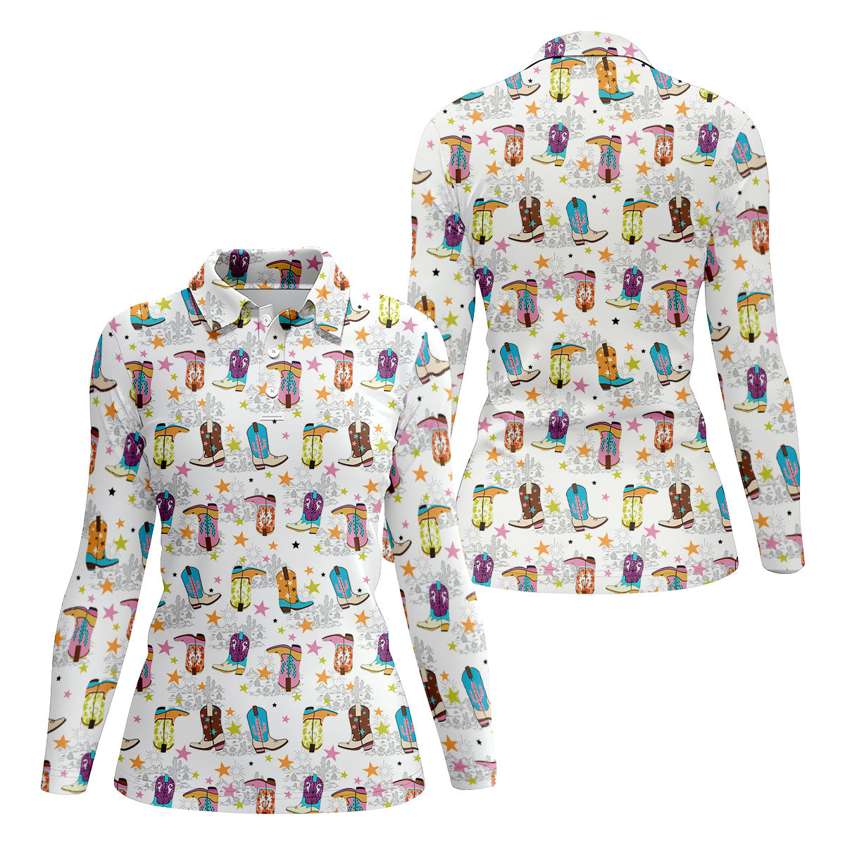 Colorful Western Cowboy Boots Pattern Hawaiian Golf Shirt, Ladies Golf Shirt, Women’s Golf Apparel