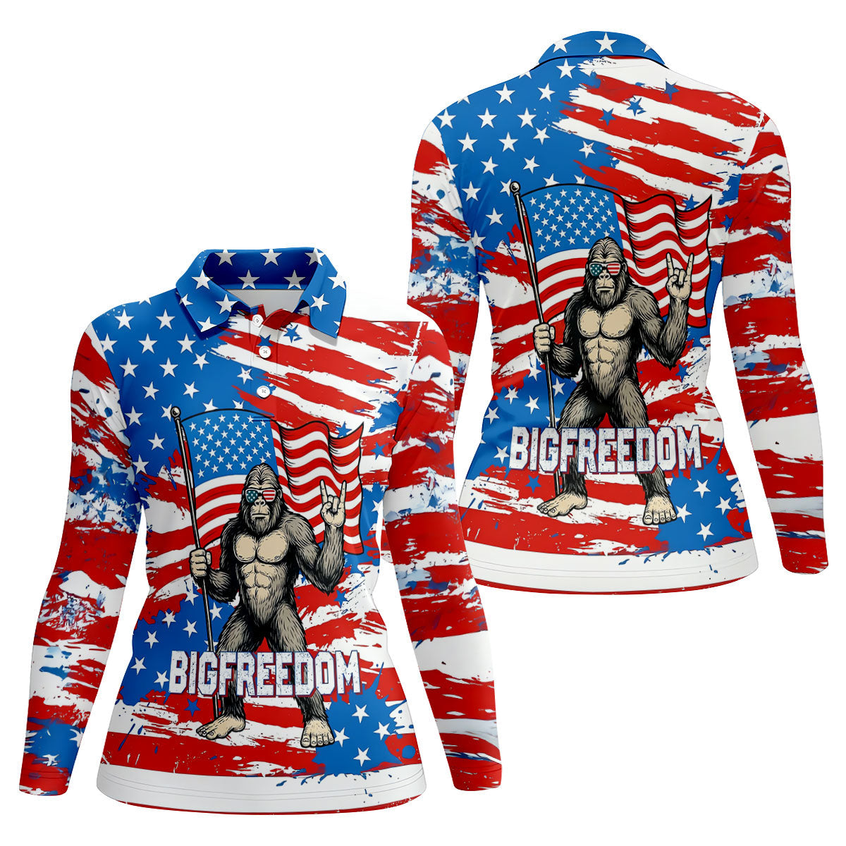 Bigfreedom Red White Blue Patriotic Bigfoot 4th Of July Golf Shirt, 250 Years Golf Shirt For Women