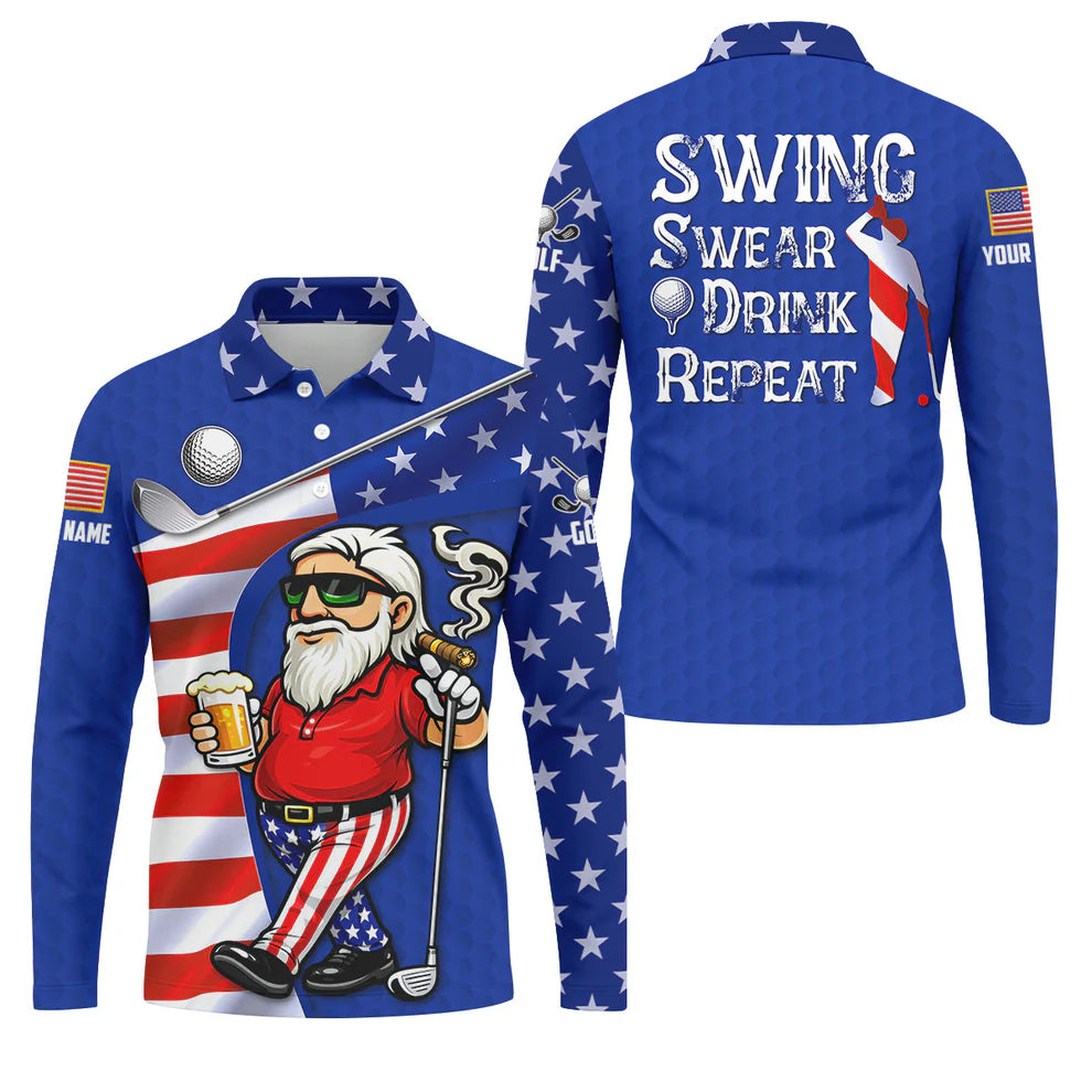 Custom Name Swing Swear Drink Repeat Polo - Funny Beer & Golf Men's Shirt, Patriotic 250th Anniversary Navy Golfing Top