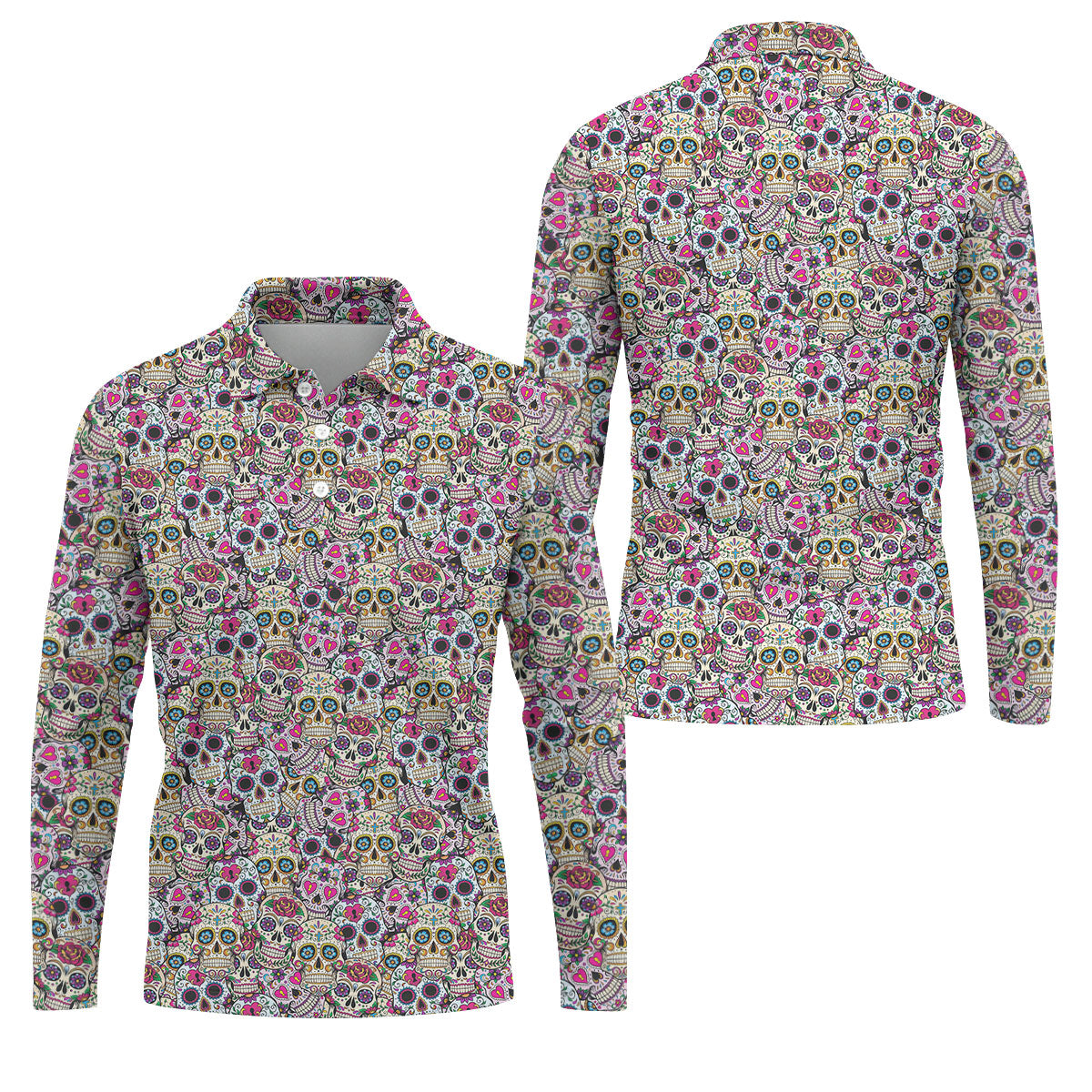 Colorful Sugar Skull Floral Golf Polo Shirt, Hawaiian Golf Shirt, Golf Polo Shirts For Men