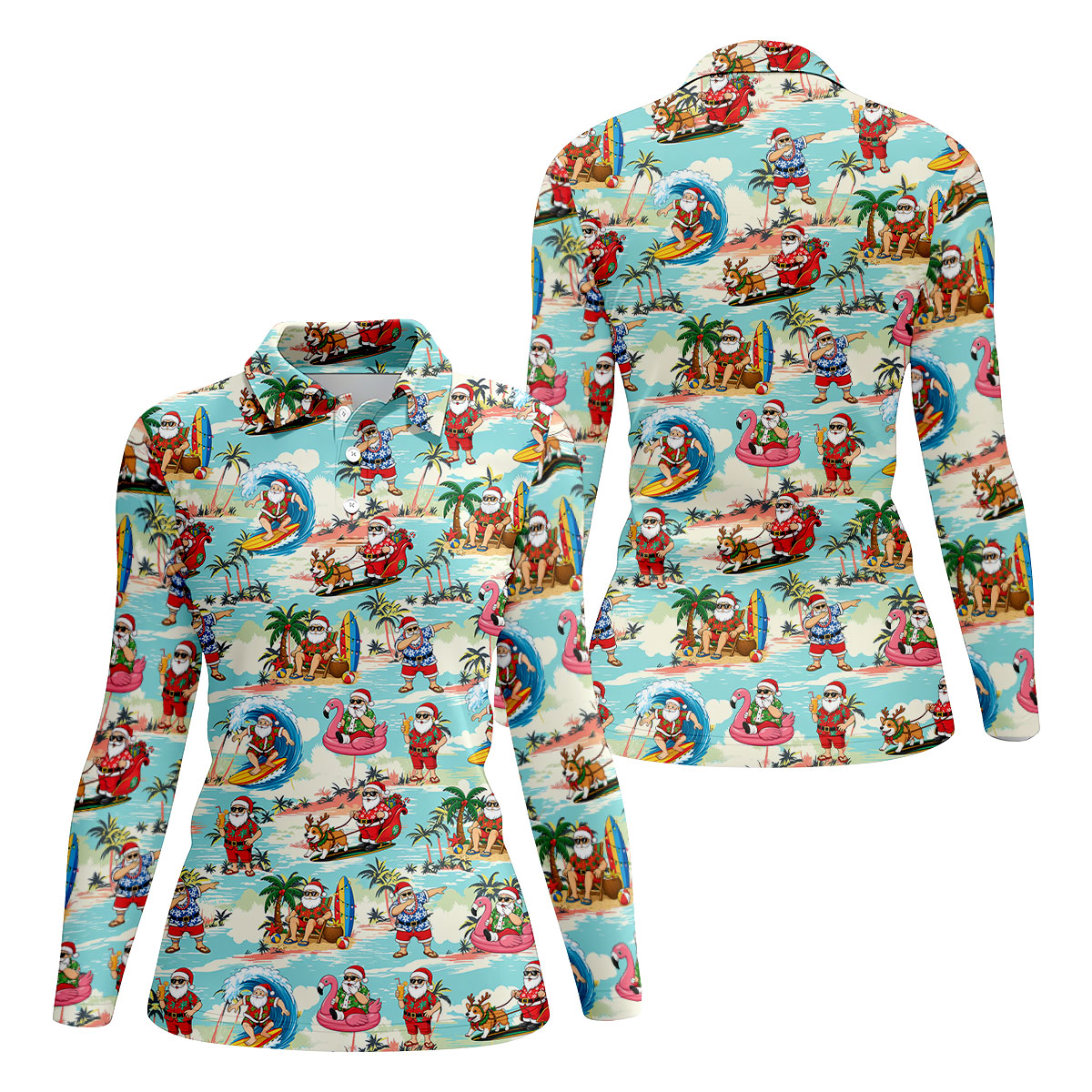 Funny Tropical Santa Beach Christmas Polo Shirt, Womens Golf Polo, Hawaiian Golf Shirt