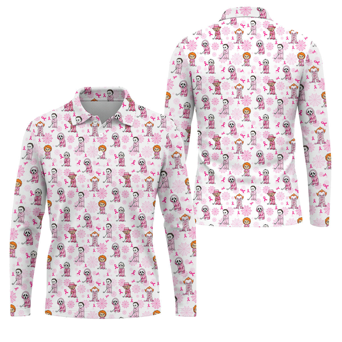 Halloween Horror Character Breast Cancer Polo Shirt, Mens Golf Polo, Golf Apparel For Men