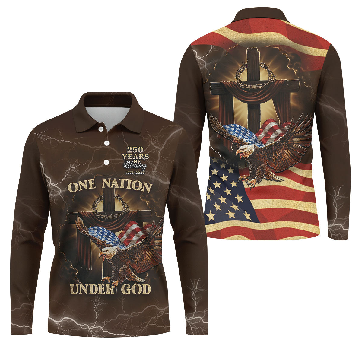 One Nation Under God 250 Years Faith Cross Golf Tops For Men, Patriotic Father's Day Golf Shirt