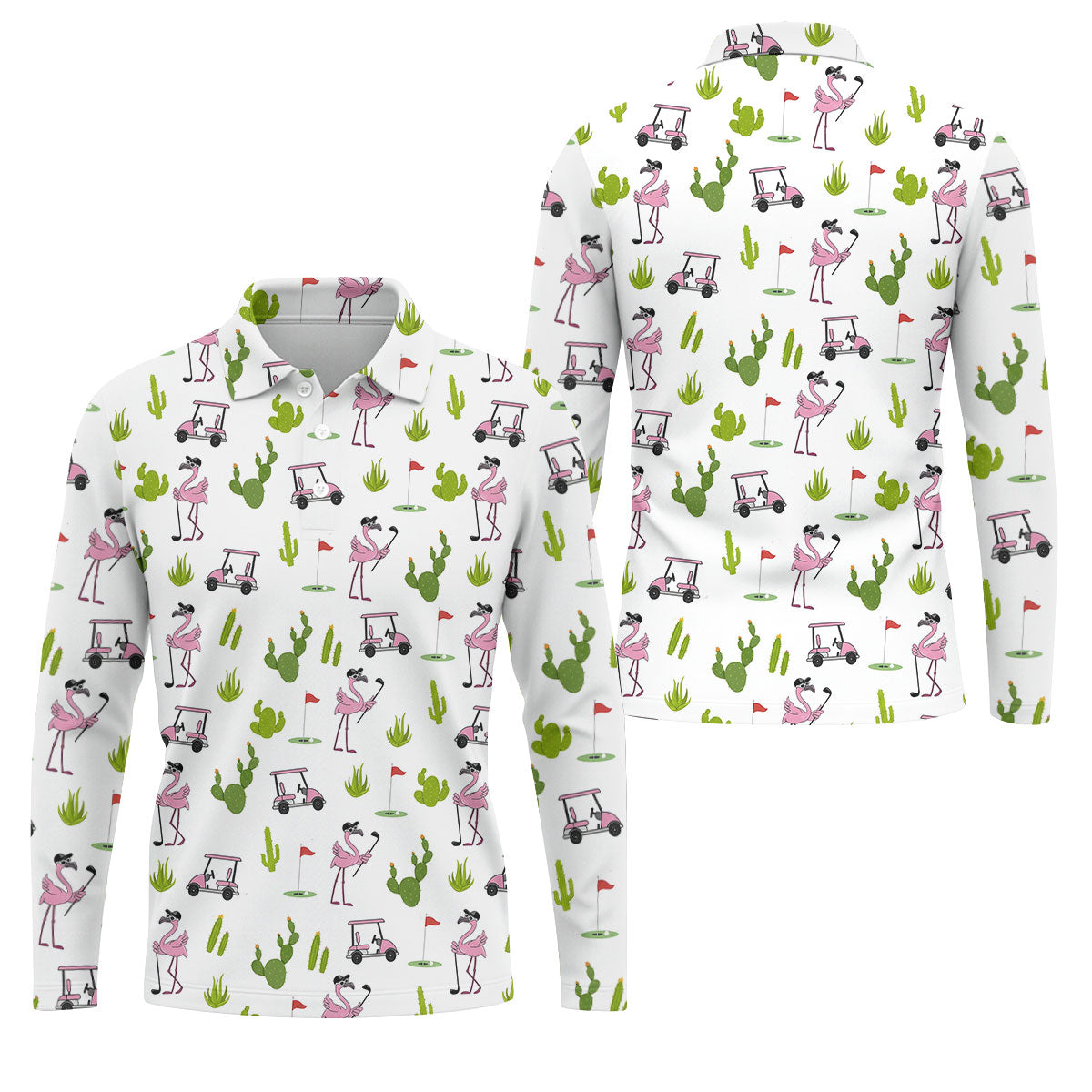 Pink Flamingo Golf Cart Cactus Hawaiian Golf Shirt, Mens Golf Polo, Golf Apparel For Men