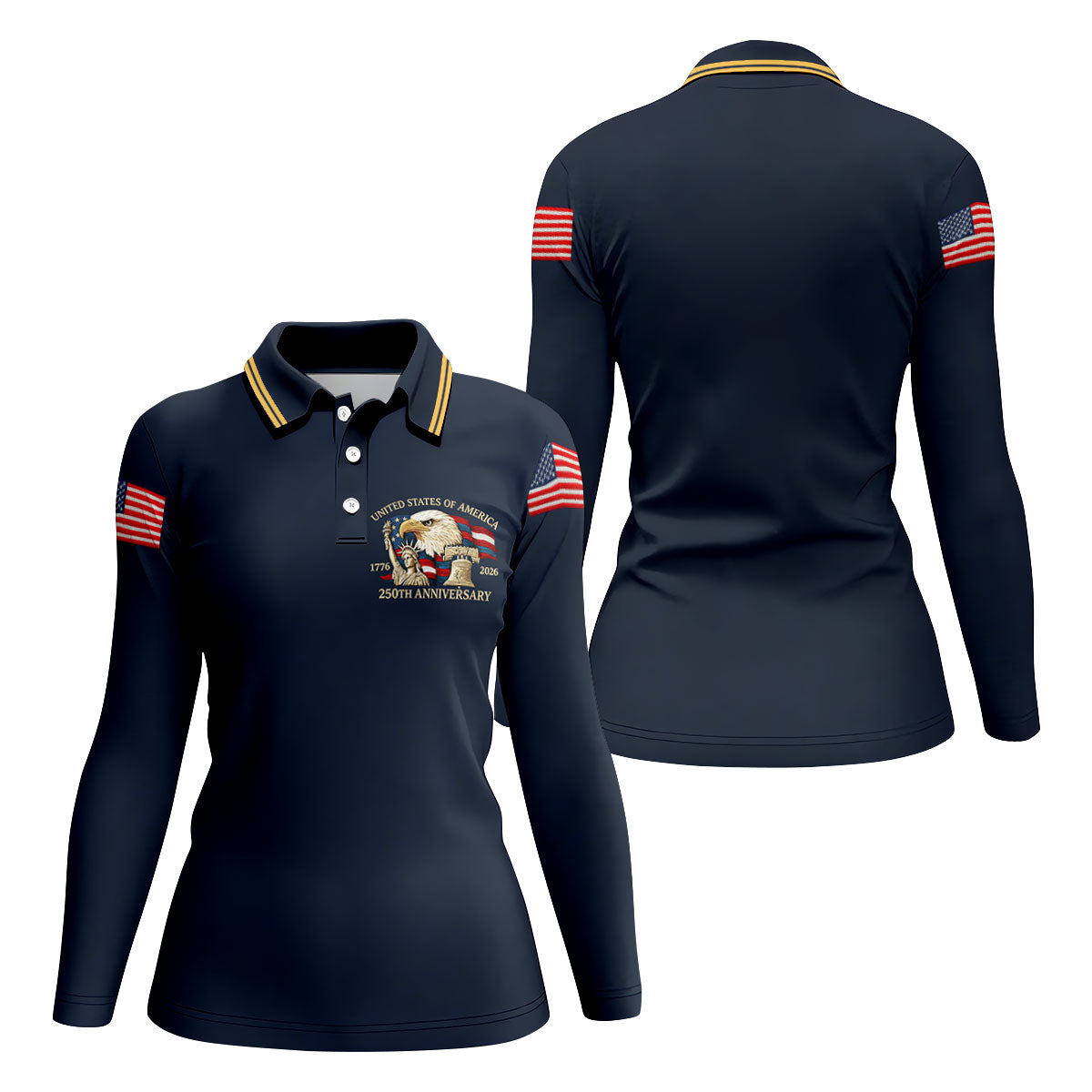 Bald Eagle American Flag 250 Years Navy Golf Shirt, Patriotic 4th Of July Golf Shirt For Women