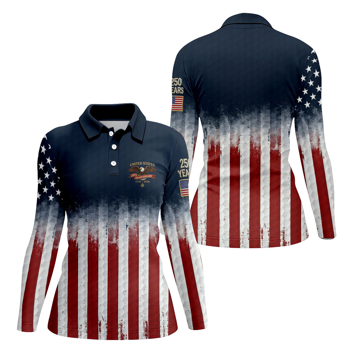 United States 250th Anniversary Distressed Flag Ladies Golf Shirts, Golf Ball Pattern Golf Shirt For Women
