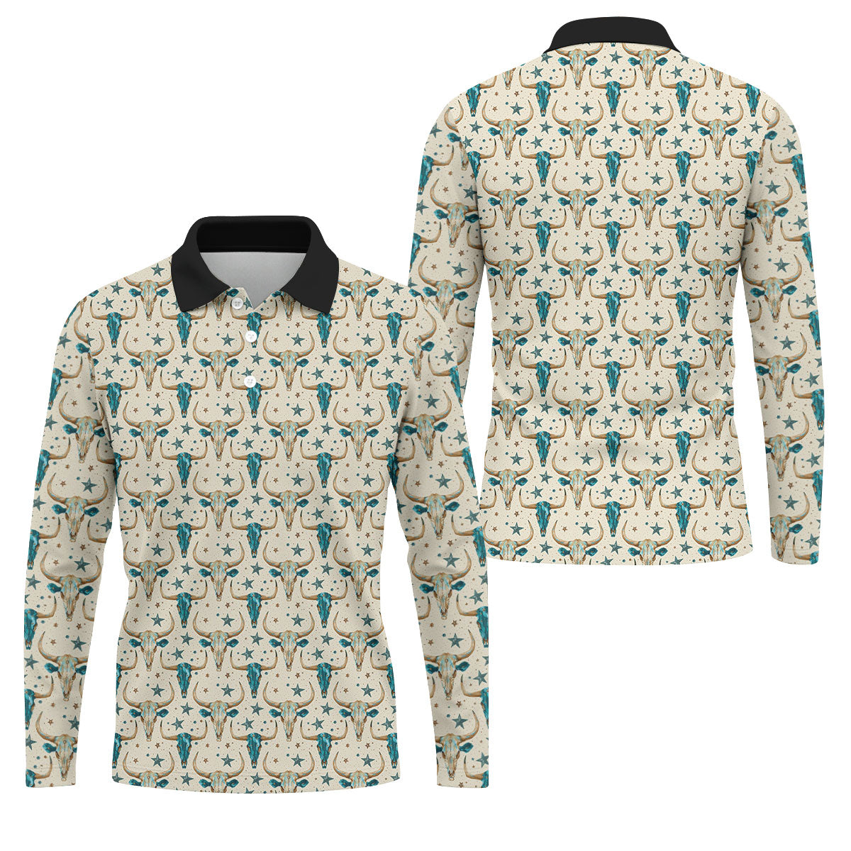 Cow Skulls Turquoise And Beige Western Theme Golf Tops For Men, Polo Shirts For Men, Golf Shirts For Men