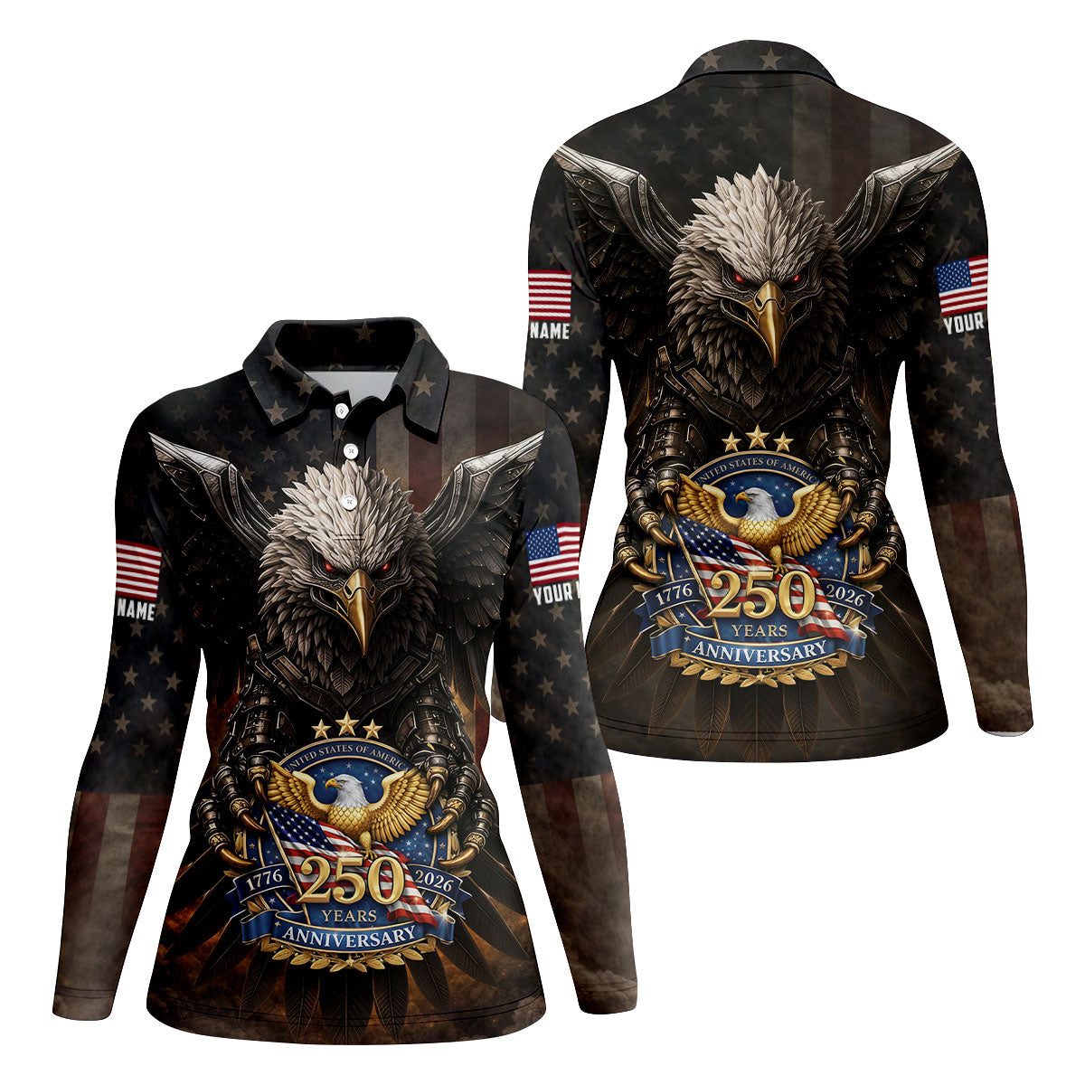 250 Years Fierce Eagle American Flag Retro Golf Shirt, Patriotic 4th Of July Golf Shirt For Women