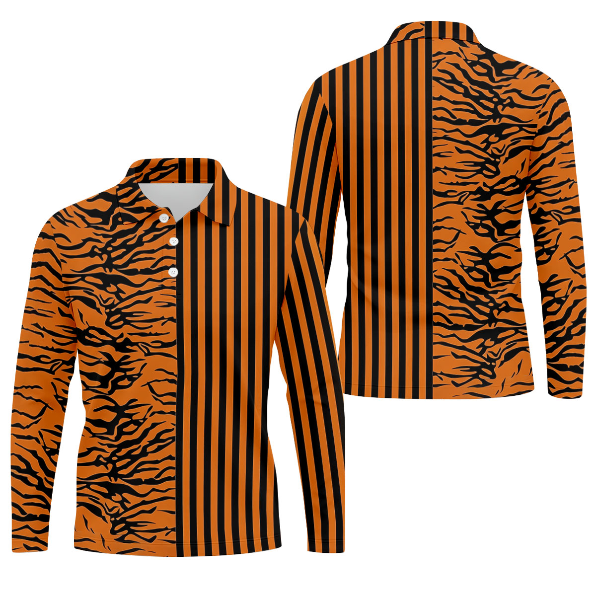 Orange Tiger Stripe Split Pattern Golf Shirt, Mens Golf Polo, Golf Apparel For Men, Golf Polo Shirts For Men