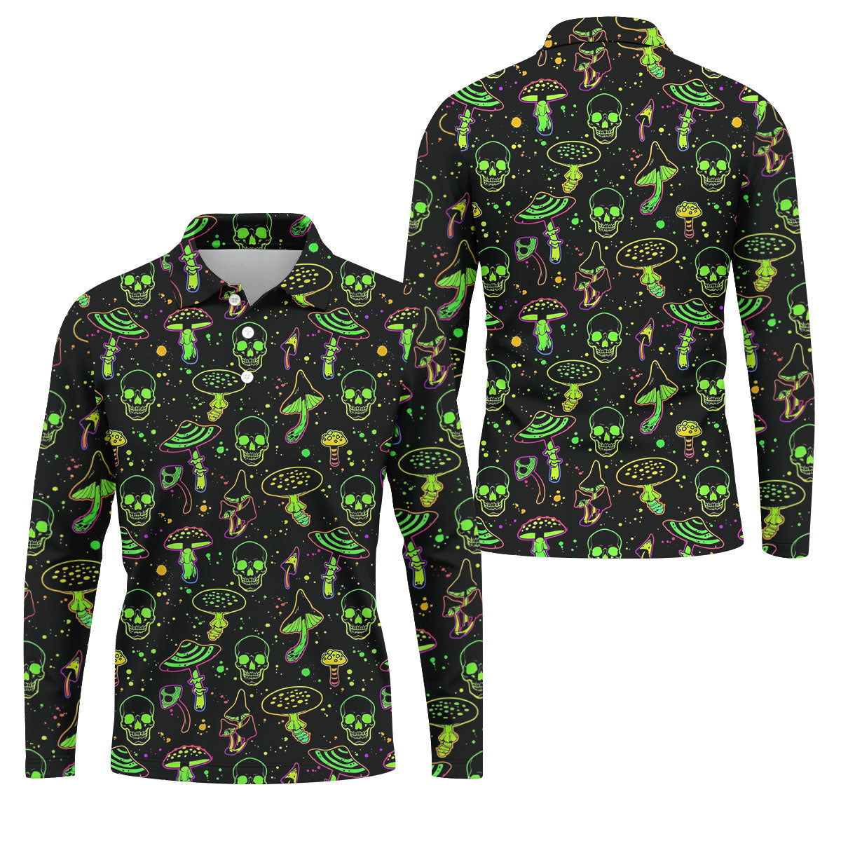 Mushroom And Skull Neon Pattern Hawaiian Golf Shirt, Men's Funny Golf Shirts