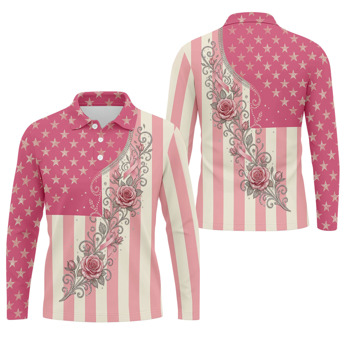 Pink Stars Stripes Rose Breast Cancer Polo Shirt, Men's Golf Shirt, Mens Golf Polo