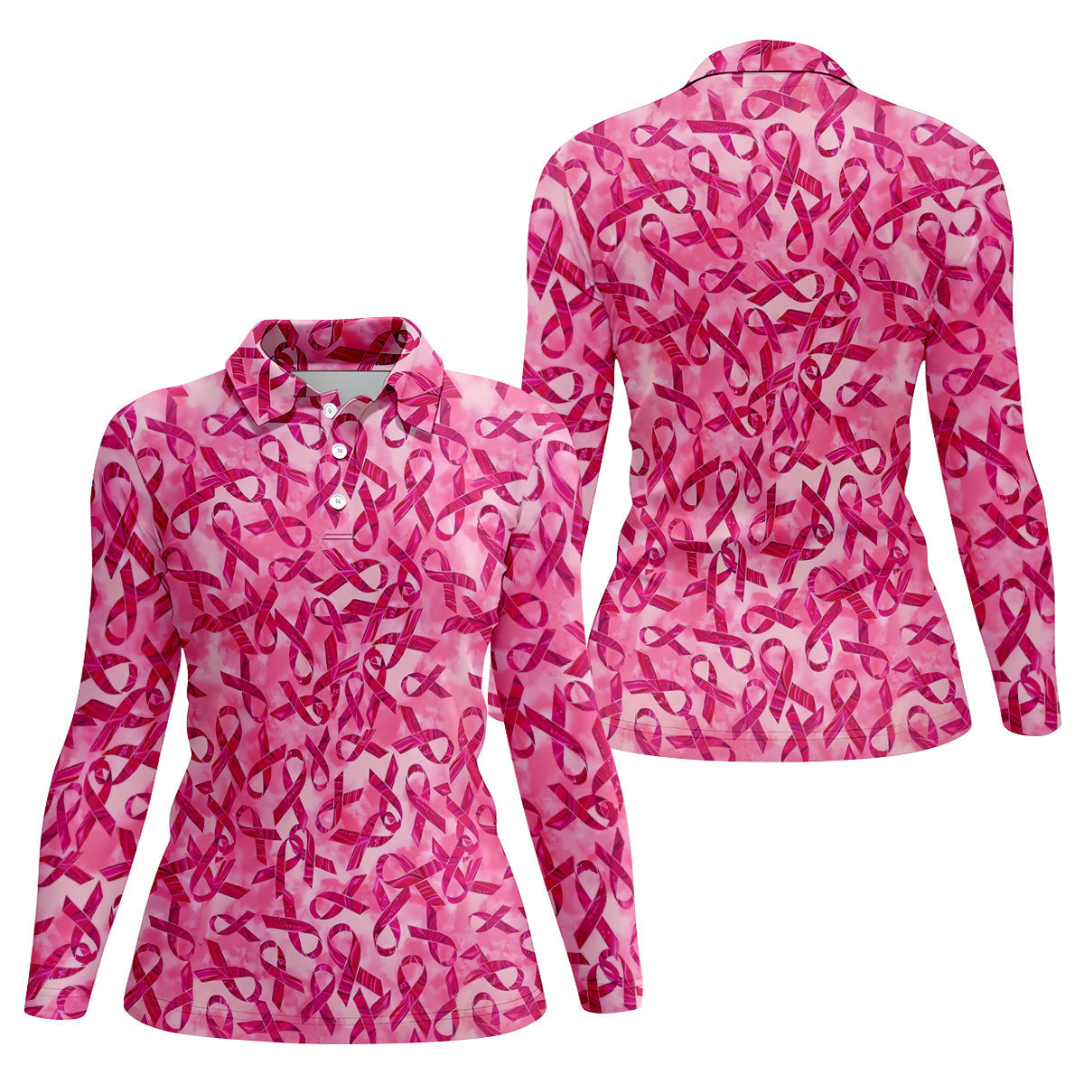 Pink Ribbon Breast Cancer Pattern Polo Shirt, Ladies Golf Shirt, Golf Tops For Women