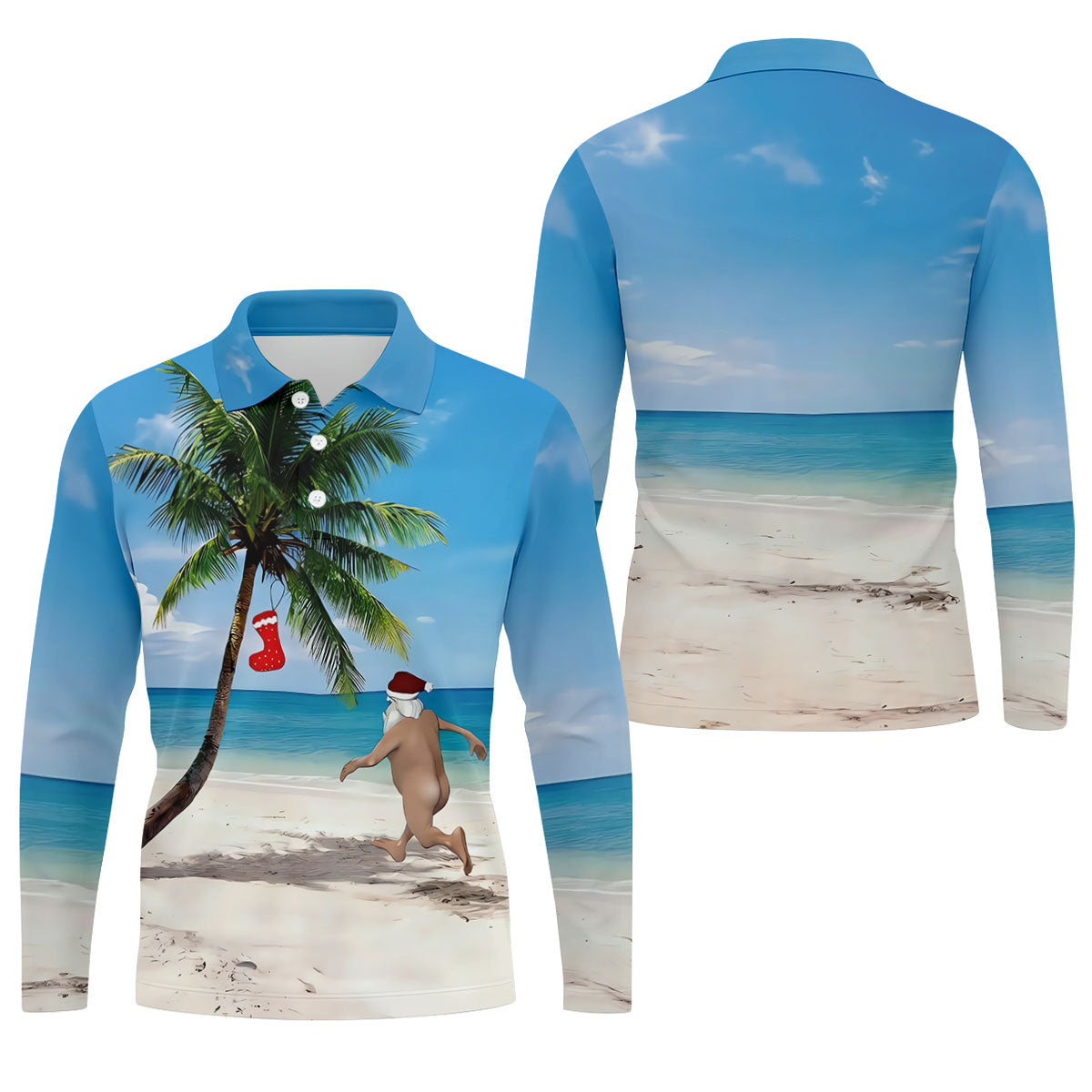 Funny Santa Running On Tropical Beach Christmas Golf Shirt, Men's Golf Shirt, Hawaiian Golf Shirt